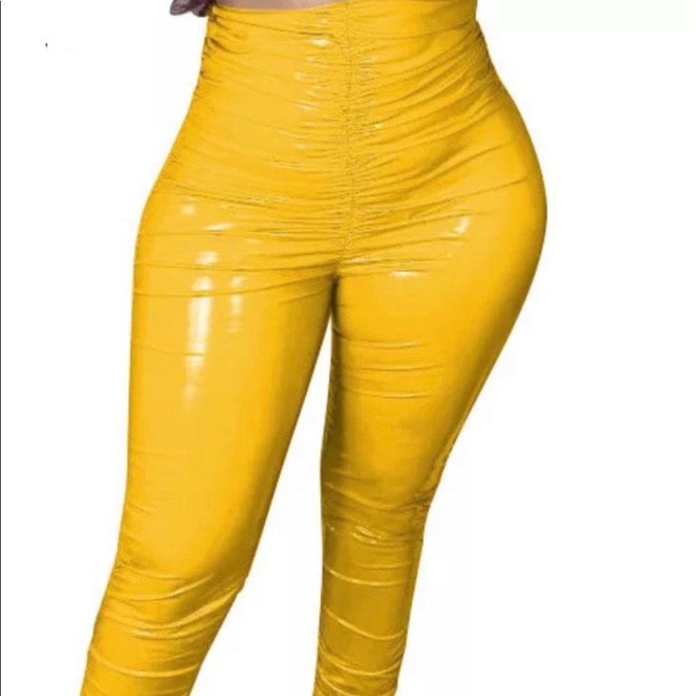 Bright Yellow Long split ankle pu runched pants.